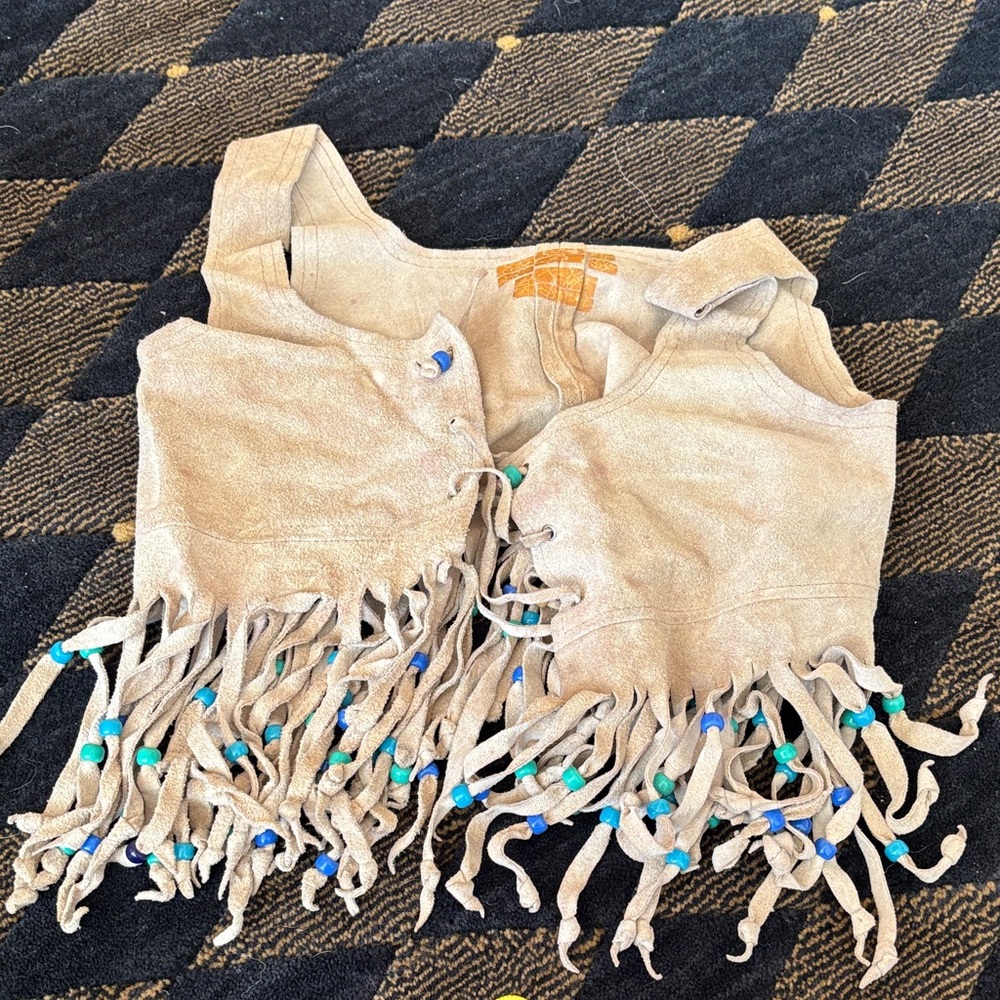 Beige Suede Fringe Vest with Turquoise & Blue Beads